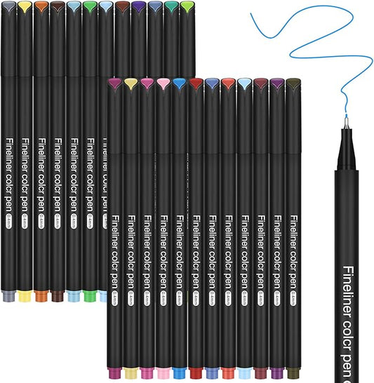 24 Fineliner Pens Set 0.4mm Ultra Fine Tip Drawing Markers for Adult Coloring Books, Bullet Journaling Art No Bleed Professional Color Pens with Vibrant Inks Artist