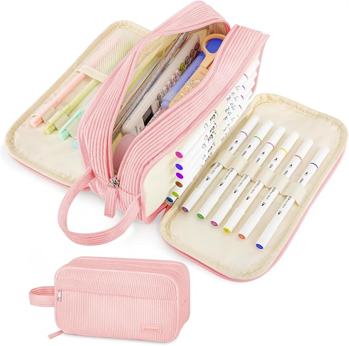 Cute Big Pencil Case Pouch Bag with Handle for Teen Girls Boy Gift | Large Capacity 4 Compartment Multiple Pockets Corduroy Aesthetic Pen Bag Pouch Organizer for School College Supplies,Pink