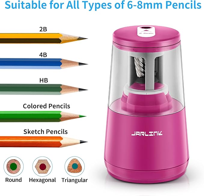 JARLINK Electric Pencil Sharpener, Heavy-Duty Helical Blade to Fast Sharpen, Auto Stop for No.2/Colored Pencils(6-8mm), AC Adapter/Battery Operated in School Classroom/Office/Home (Pink)