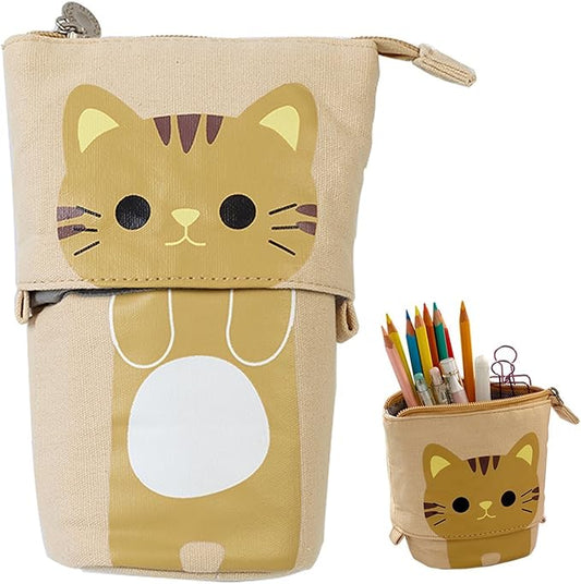 Telescopic Pencil Pouch Standing Pen Holder Cute Pencil Bags Stand Up Pen Case Cartoon Pencil/Pens Storage Box Canvas+PU Stationery Organizer Makeup Bag with Zipper Closure (Khaki)