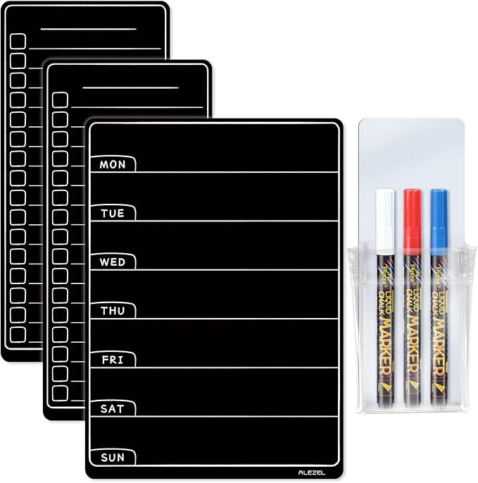 ALEZEL Magnetic Menu Board for Fridge, Weekly Calendar Blackboard Set for Refrigerator - Includes Weekly Black Dry Erase Board for Kitchen & 2 Grocery List, 3 Chalk Markers + Eraser