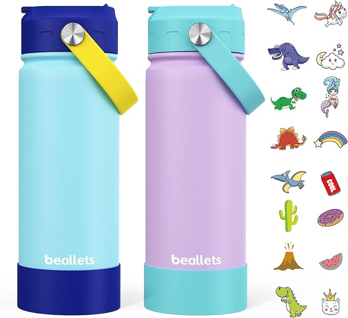 2-Pack Kids Water Bottle, 18oz Toddler Insulated Bottles with Stickers, 18/8 Stainless Steel Leak-Proof Kids Straw Cup for School, Gifts for Boy(LightBlue+BluePurple)