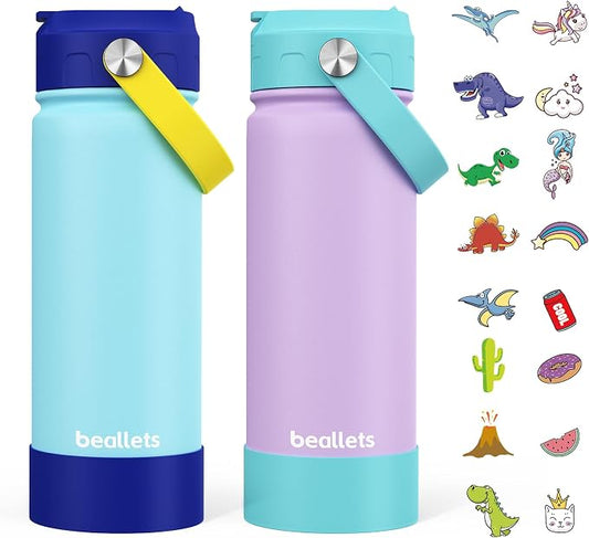 2-Pack Kids Water Bottle, 18oz Toddler Insulated Bottles with Stickers, 18/8 Stainless Steel Leak-Proof Kids Straw Cup for School, Gifts for Boy(LightBlue+BluePurple)