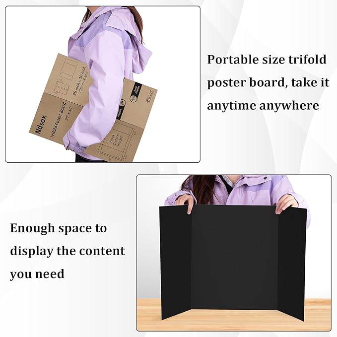 Ndsox 4 Pack 26" x 16" Black Trifold Poster Board Small Size Corrugated Cardboard Science Fair Display Boards for School Projects, Business Presentations, Event Displays, and Art Exhibitions