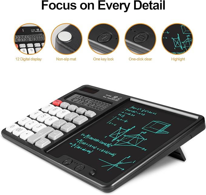 Calculator with Writing Pad - Solar & Battery Dual Power Supply - 12-Digit Large Display Calculator for Business and Office Use (HY-666S)