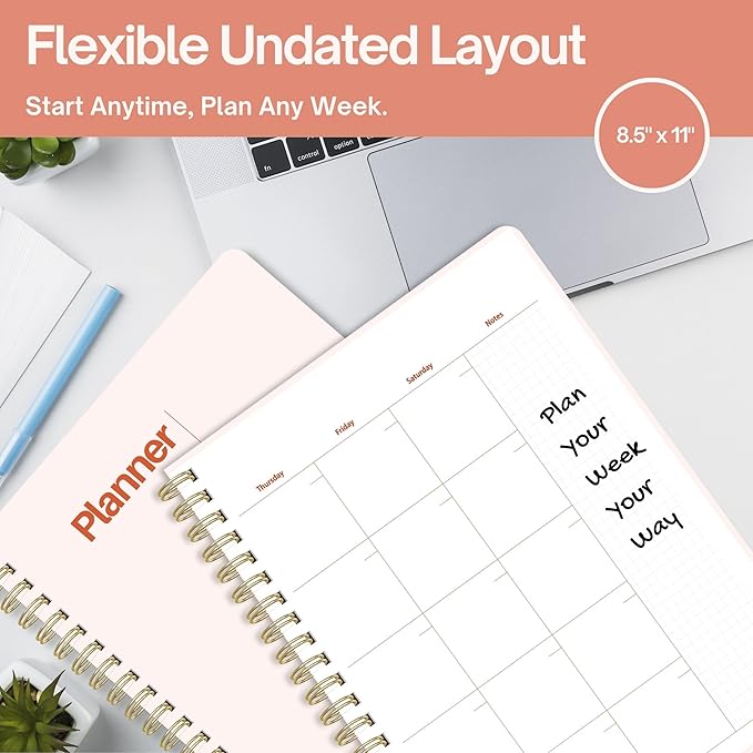 Undated Weekly Planner, 8.5" x 11", Dashboard Layout with Yearly Review, Monthly Calendars, & Weekly To Do List, Spiral Bound Organizer for Work, Study & Life (Blush White)