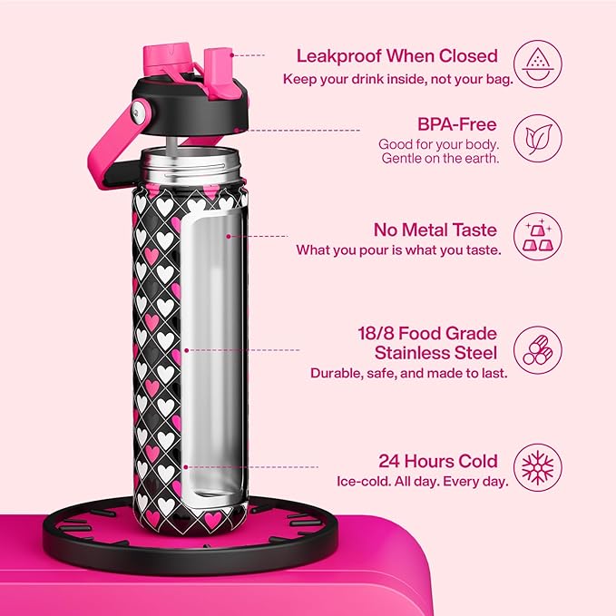 ENCOOL Insulated Water Bottle with Straw Stainless Steel Water Bottle, Leak-Proof, BPA-Free, Keeps Cold for 24 Hours for Sports, Travel, School (26 oz,Bold Hearts Valentine x Black)