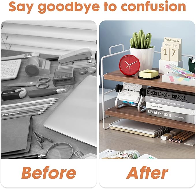 ShellKingdom Display Shelf for Figures, 2 Tier Desk Shelf Organizer, Desktop Shelves, Adjustable Bookshelf Storage Rack and Office Cubicle Decor for Tabletop, Office, Dorm (White Frame + Wood Board)
