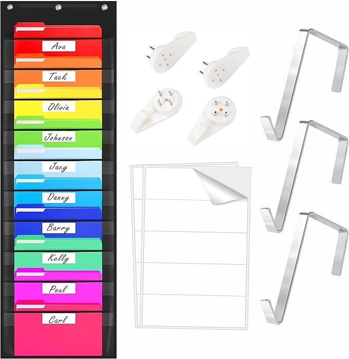 Storage Pocket Chart,Heavy Duty Wall File Organization Folder with 10 Clear File Pockets, 10 Blank Name Stickers Plus 3 Metal Hangers & 4 Hooks for Files, Bills, Classroom & Office (Black, 14” X 47”)