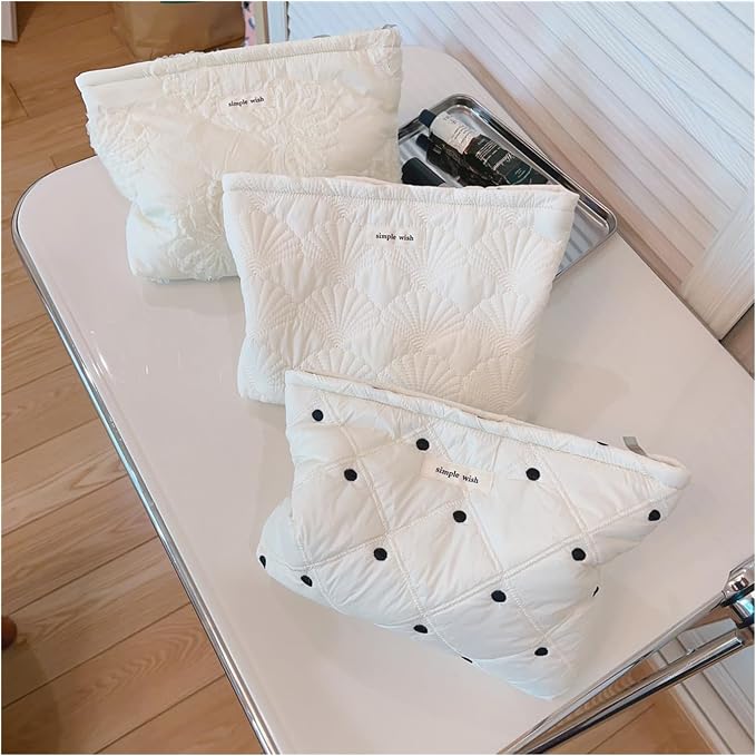 uekeboag White Shells Quilted Cotton Makeup Bag,Coquette Travel Pouch | Cotton Aesthetic Cosmetic Bag for Women,Shell Embroidery,Wedding Gifts, Bridal Gifts