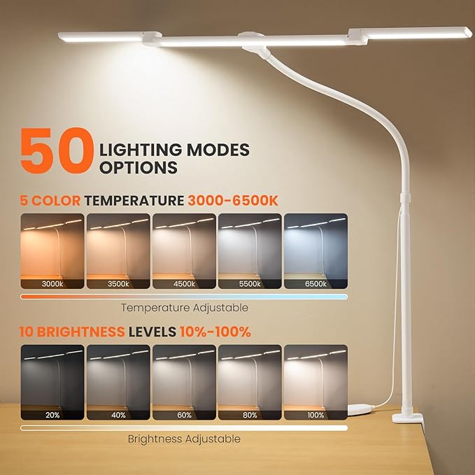LED Desk Lamp for Office Home, 3 Light Bar Adjustable Desk Light with Clamp, Architect Table Lamp Computer Monitor Lighting, Stepless Dimming Eye-Caring Clip on Light for Workbench Reading Study White
