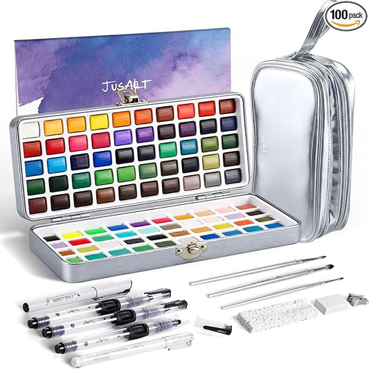 JusArt 100 Colors Watercolor Paint Set,Travel Watercolor Set with Handbag,Art Supplies with Metallic Color, Detail Painting Brushes, Water Brush Pens, Portable Watercolor Supplies for Adult, Artists, Professionals