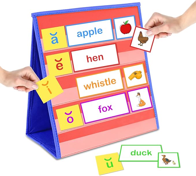 Tabletop Pocket Chart for Classroom, Small Double Sided Pocket Chart for Kids Learning at Home (Red-Blue)
