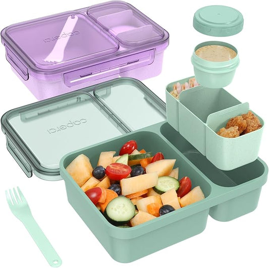 Caperci 2 Pack Salad Container for Lunch - 62 oz Large Bento Lunch Box for Adults, 2-Compartment Meal Prep Container with Removable Toppings Tray, Sauce Cup, Reusable Fork, BPA-Free (Purple & Green)