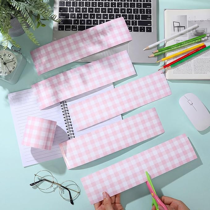65.6 Ft Pink Gingham Bulletin Board Border Die Cut Straight Border Trim Plaid Checkered Classrooms Decor for Whiteboard Wall Desk Window Door Locker Office School Party