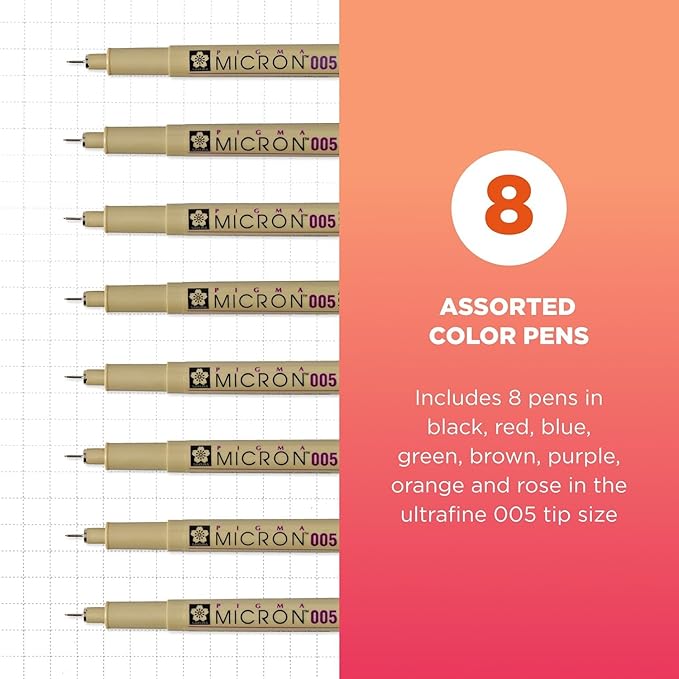 SAKURA Pigma Micron 005 8 Color Set Water Based Pigment for Illustration - Holiday Gifts for Artists, Crafters & DIY Gifts Projects