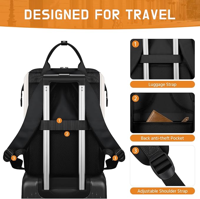 Maelstrom Laptop Backpack, Fits 15.6-17.3 Inch Travel Backpack Gift for Women Men, Waterproof College School Computer Bag, Anti-theft Business Work Bag with Luggage Strap (Black-Beige, 15.6 Inch)