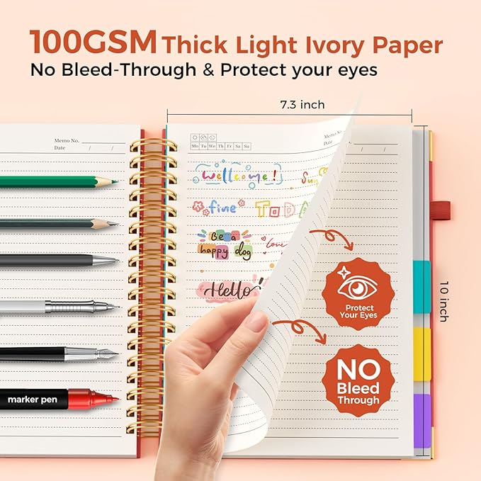 Line Hardcover Spiral Notebook with Removable Dividers Tabs & Ruler, 5 Subject Notebook College Ruled, 300 Page, Large 8"x10" B5 Notebooks for Work School, Lined Journal for Women & Men, Red