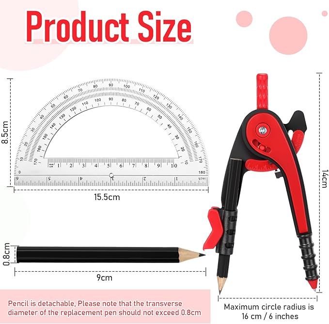 EBOOT Student Geometry Math Set, Drawing Compass and 6 Inch Clear Swing Arm Protractors 180 Degree Math Protractor(Red)