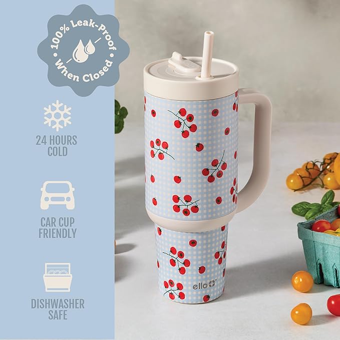 Ello Oasis 30oz Tumbler with Handle & Retracting Straw | Reusable Insulated Stainless Steel Cup 100% Leakproof | Keeps Cold for 23 Hours | Cup Holder Friendly | Picnic on the Vine