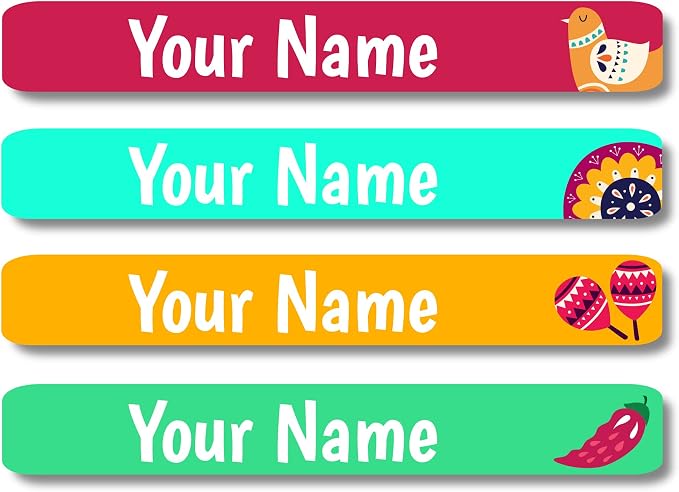 Lovable Labels Personalized Labels for Kids (120 Labels) - Waterproof Dishwasher Safe Peel and Stick Labels are Great for School Supplies Daycare Camp Bottles (Cinco de Mayo)