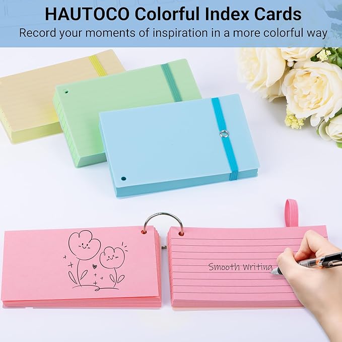 HAUTOCO 200 PCS Colored Index Cards 3x5 with Rings, Ruled Flashcards with Waterproof Covers, 4 Colors Note Cards for Studying, Vocabulary, Recipes, Office & School