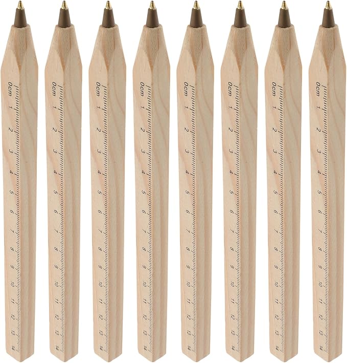 KALLORY 12pcs Biodegradable Wood Ballpoint Pens with Printed Ruler, Natural Wooden Rolling Ball Pens for Office and School Writing Supplies