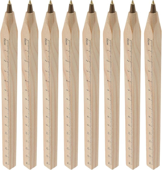 KALLORY 12pcs Biodegradable Wood Ballpoint Pens with Printed Ruler, Natural Wooden Rolling Ball Pens for Office and School Writing Supplies