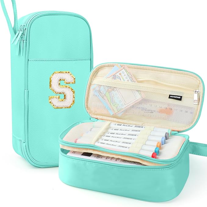 Large Pencil Case,Big Capacity Pencil Pouch,Personalized Initial Pencil Bag with smooth zipper,Multiple Pockets,Cute Aesthetic Stationery Pen Case Bag for Teen Girls College (Mint Green, S)