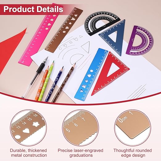 PATIKIL 8 Pcs Geometry Drafting Tool, Aluminum Alloy Geometry Kit Math Tool Includes 20cm L Ruler Protractor Triangles for Drafting Angle Measure Simple Science Experiment, Gold