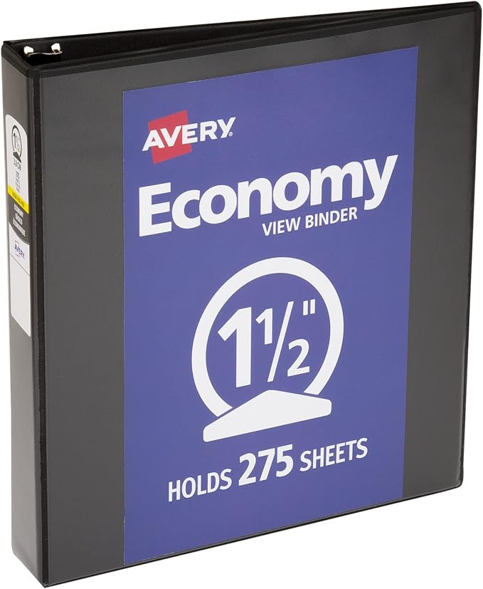 Avery Economy View 3 Ring Binder, 1.5" Round Rings, 1 Black Binder (05771) (Pack of 12)