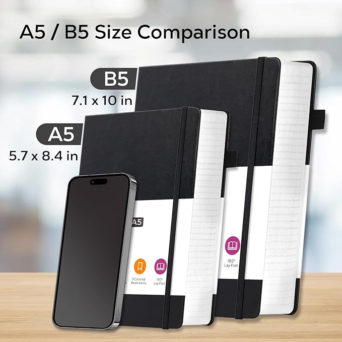 FOCUS DAY Journal Notebooks College Ruled, Thick Notebook Journal with 100GSM Paper, B5 Large Lined Notebook Journal for Women & Men, 7.1'' X 10'', 320 Pages, Black Leather Notebook