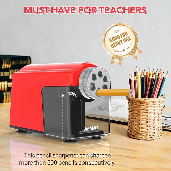AFMAT Electric Pencil Sharpener Heavy Duty, 6 Holes, Cordless & Rechargeable, Super Fast, Auto Stop, 10K+ Uses, Classroom Pencil Sharpener for 6-11mm No.2/Large/Colored Pencils PSD4(Red)