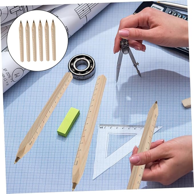 6pcs Black Wood Ballpoint Pens with Printed Scale, Natural Biodegradable Wooden Signature Pens for Construction and Industrial Use