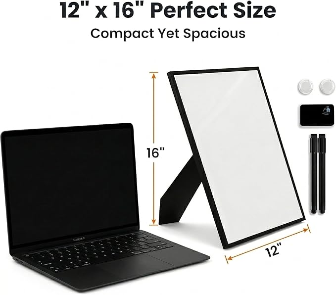 Magnetic Dry Erase Board 12x16 with Foldable Stand, Portable Black Desktop Whiteboard for Home, Office, School & Kitchen