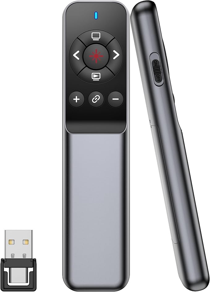 Wireless Presentation Clicker with Laser Pointer, USB-C & USB-A Dual Receiver, Hyperlink & Window Switch Support, 100M Red Light, Compatible with PowerPoint/Keynote/Google Slides
