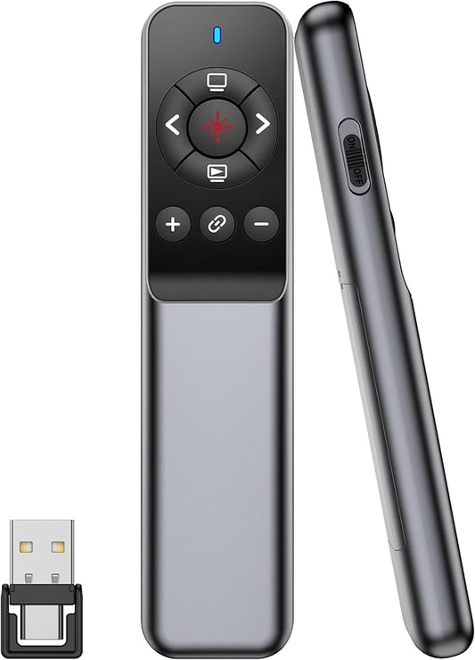 Wireless Presentation Clicker with Laser Pointer, USB-C & USB-A Dual Receiver, Hyperlink & Window Switch Support, 100M Red Light, Compatible with PowerPoint/Keynote/Google Slides