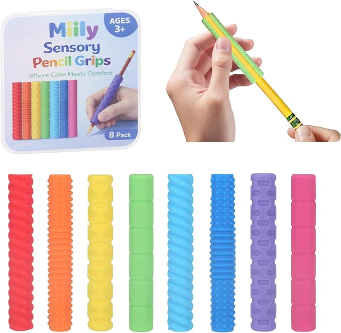 Textured Pencil Grips for Kids Handwriting, 8 Pack Pencil Fidgets & Pencil Grippers with Side Opening, ADHD & Autism Sensory Tools for Classroom, Quiet Fidget for School, Pen Grips for Adults