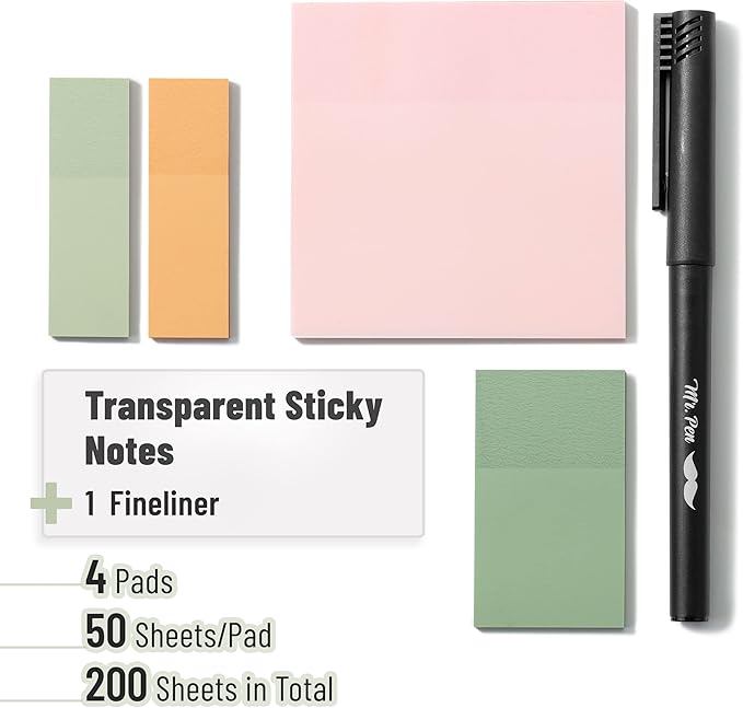 Mr. Pen- Transparent Sticky Notes Set, 200 Sheets, Transparent Sticky Notes and Planner Tabs with Black Fineliner Pen for Bible Study, Office, School, Planning, Journaling & Organization