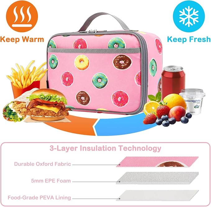 FlowFly Kids Lunch box Insulated Soft Bag Mini Cooler Back to School Thermal Meal Tote Kit for Girls, Boys, Doughnut