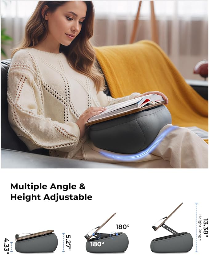 Viozon Lap Book Pillow Stand with Storage, Adjustable Beanbag Reading Pillow with Dark Wood Panel, Multi-Angle Book Holder for Hands-Free Reading in Bed or Sofa,Book Lover Essential, Soft Cushion