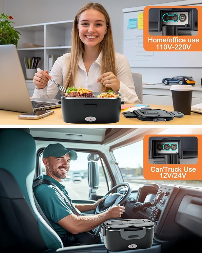Geveniss Electric Lunch Box for Men, Women & Adults - 80W Fast Heating - Heated Lunch Box with Dual 1.5L SS Containers - Portable Food Warmer for Car, Truck, Office