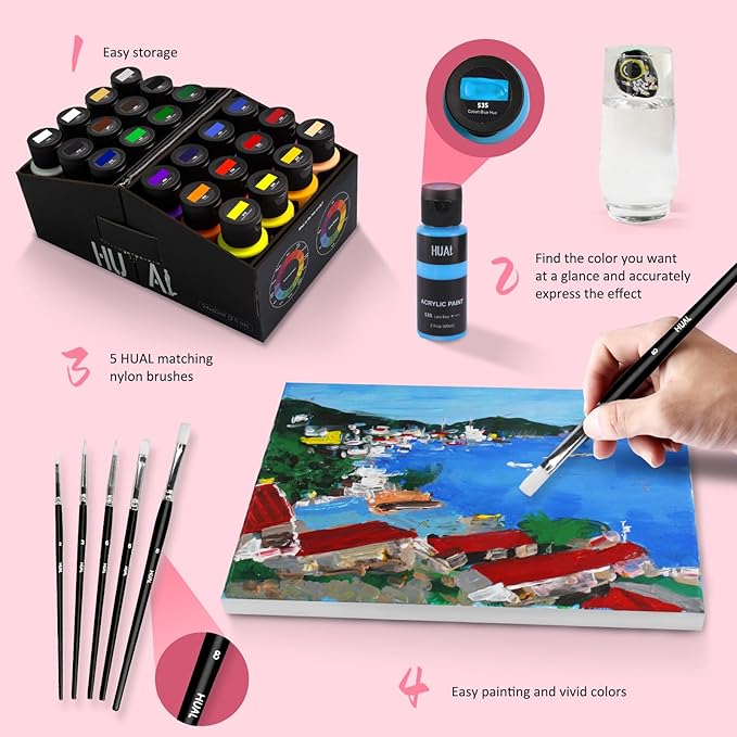 HUAL Acrylic Paint Set with 5 Brushes, 24 Colors (60ml, 2oz) for Artists Kids Beginners & Painters,Model/Canvas/Rock/Fabric/Glass/Stone/Ceramic/Wood Painting, Non Toxic