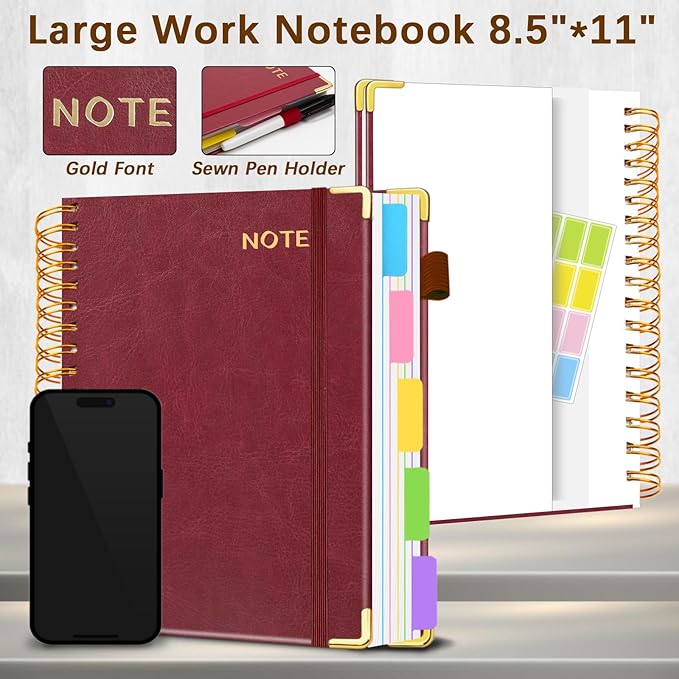 Hardcover Spiral Notebooks for Work 8.5''x 11'', 300 Pages 5 Subject Notebook with Dividers & Tabs, A4 Spiral Journal for Women, College Ruled Notebooks for School Note-Taking (Wine Red)