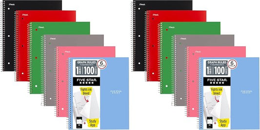 Five Star Spiral Notebook + Study App,1 Subject,Graph Ruled Paper,8-1/2" x 11",100 Sheets,Fights Ink Bleed,Water Resistant Cover,Assorted Colors (73549),6 Count (Pack of 2)