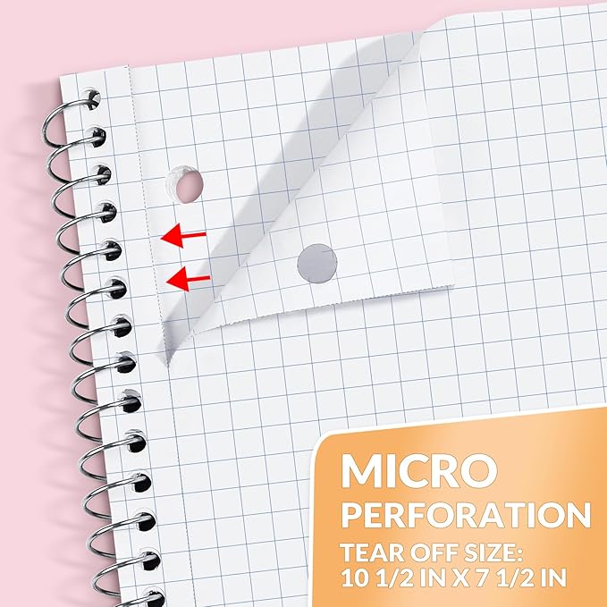 SUNEE Spiral Notebook, 1-Subject, Graph Ruled Paper, 8" x 10-1/2", 70 Sheets, 5 Squares per inch Spiral Grid Notebooks for Work, Home, School, Writing, Pink