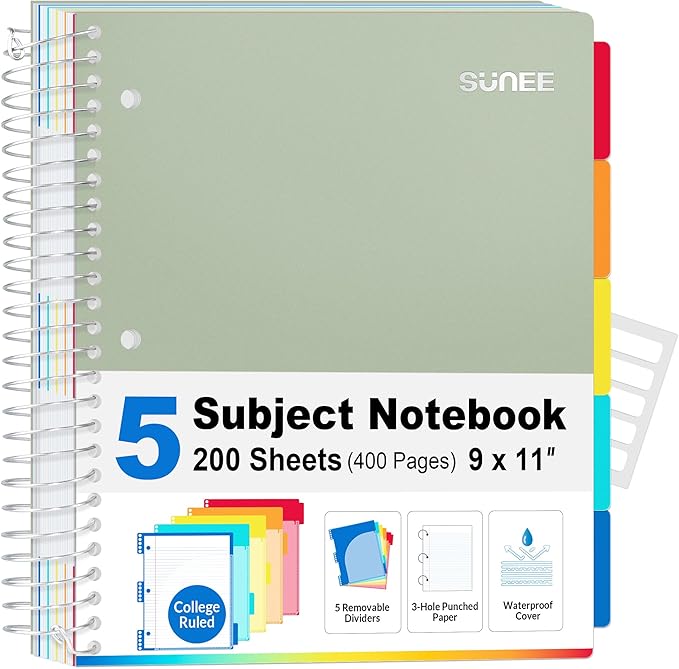 SUNEE 5 Subject Notebook College Ruled - 200 sheets (400 Pages), 9"x11", 5 Pocket Colored Dividers, 3-Hole Punched Paper, Sage Green