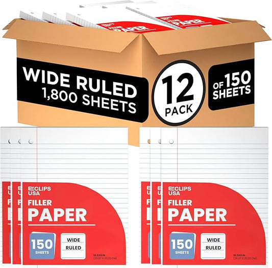 Wide Ruled Loose Leaf Paper Wide Ruled Notebook Paper Lined Writing Filler Paper 10.5” x 8” 56 gsm 1800 Sheets 150 Sheet Per Pack (12 Pack)