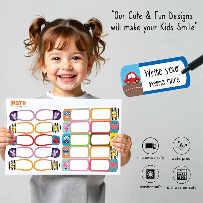 The Ultimate School Label Pack - 218 Waterproof Name Labels for Kids School Stuff, Name Tags for Clothes, Book Stickers & Bag Tags, No Iron Fabric & Iron on Clothing Labels for Kids, InstaLabels