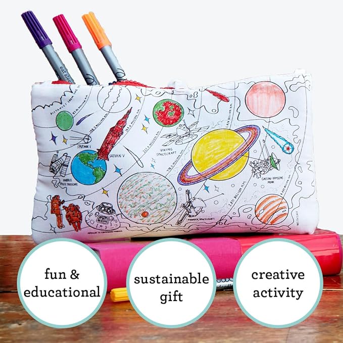 eatsleepdoodle DIY Coloring Solar System Pencil Case for Kids with 10pcs Washable Markers, Reusable Art Supply Organizer, Fun Arts & Crafts Activity for Boys & Girls, Creative Gift Idea for Ages